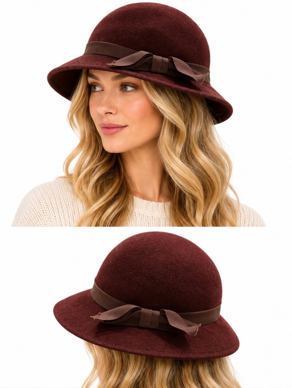 Fabini New York Vintage Peachfelt Wool Cloche Hat Burgundy Bow Made in USA